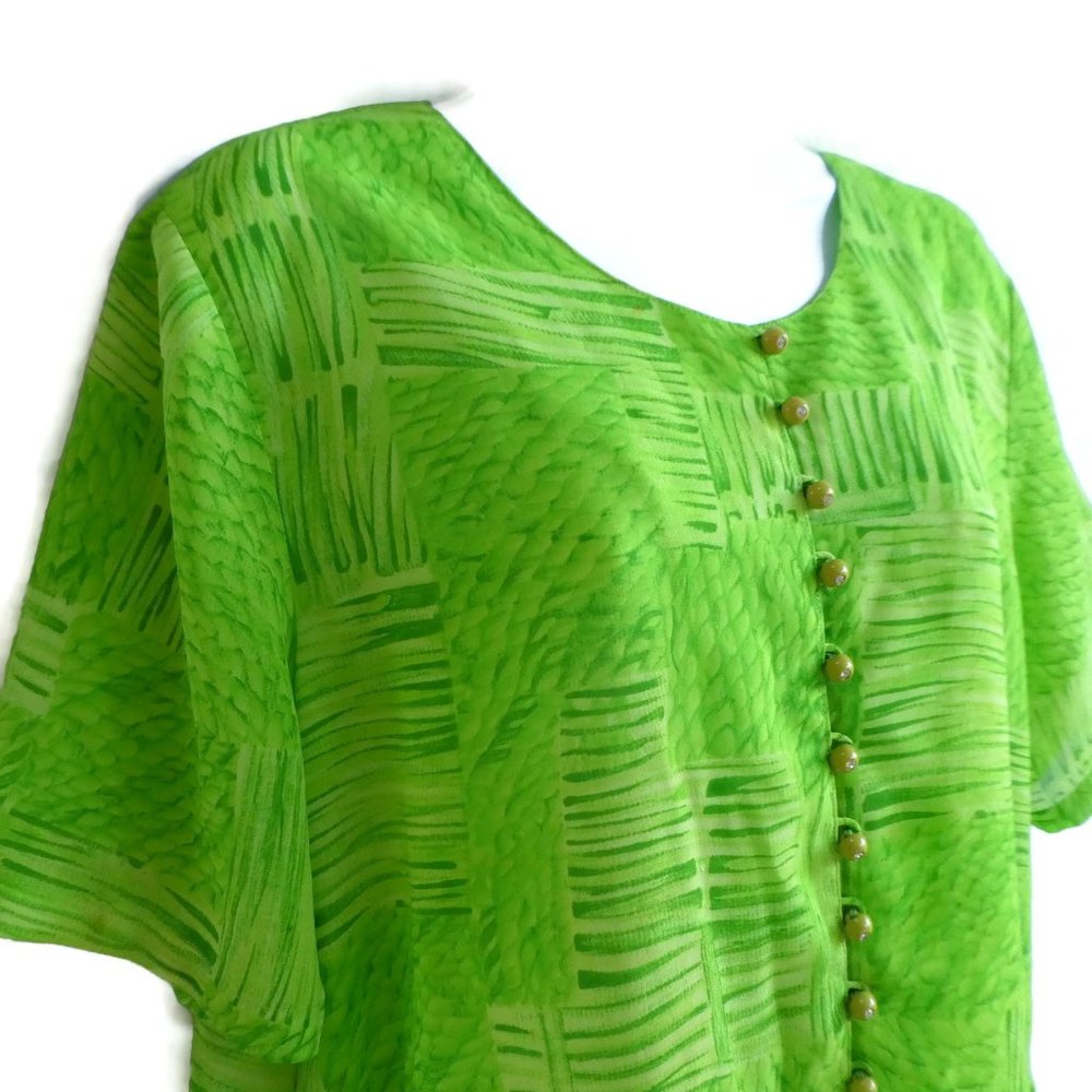 Vintage Top Neon Lime Patchwork Pea Button Front … - image 1
